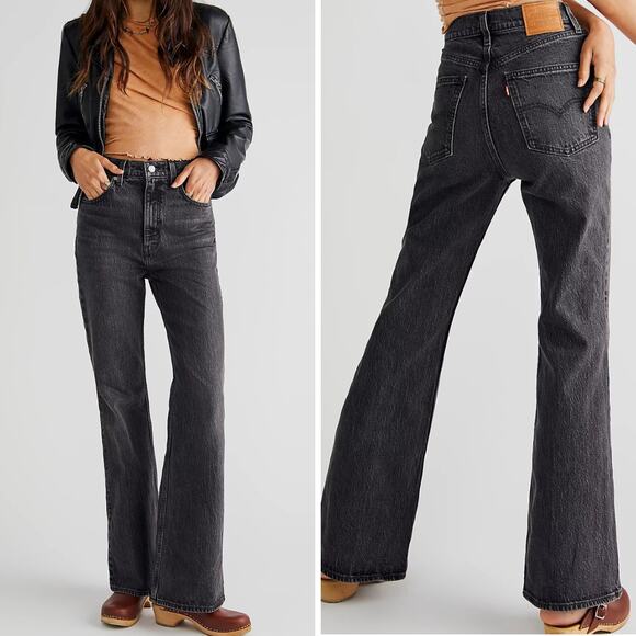 NWT LEVI'S JEANS 70'S HIGH FLARE PREMIUM BLACK FADED JUST A HINT HIGH RISE DENIM - Picture 1 of 16